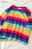 New casual crop top loose rainbow striped O-neck short-sleeved t-shirt female y2k tops cloth Harajuku clothes anime t