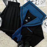 School Girl JK Uniform Skirts Suit Women Girl Bow Sailor Blouses Pleated Short Skirt Sailor Uniform JK Navy Costumes-Outfit