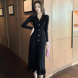 Korean Vintage V-Neck Single-breasted Long Sleeve Elasticity Midi Dress Women Casual Bodycon Skinny Knitted Ruffle