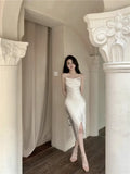 Summer New Elegant Dresses Women French Style Sexy Swinging Collar Satin Sleeveless Slim White Dress Ladies Stylish-Outfit