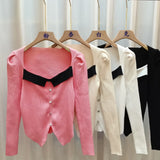 Temperament Black Collar Knitted Shirt 2025 Spring And Autumn New Open Fork Thin Short Bottom Long Sleeve