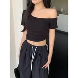 Toloer Desire Inclined Shoulder Short Sleeve T-Shirt Female 2024 Summer New Short Crop Slim Versatile Student Jacket Ins