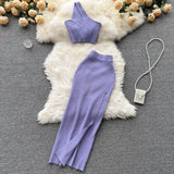 Purple Summer Women Solid 2 Piece One Shoulder Crop Top Tanks Slit Midi Skirt Set Bodycon Sexy Party Elegant