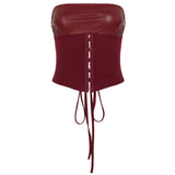 Leather Suit PU Leather Splicing Waist Tsets Hollow Folding Net Lace-Uped Ass
