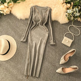 2022 Zipper Autumn Dresses Winter Bodycon Knitted Sweater Midi Pencil Dress Party Knee Length Women Casual Office