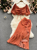 Women Summer Korean Dot Vacation Set Elastic Ruched Puff Sleeve Short Tops+Irregular Ruffle Long Skirt Two Piece