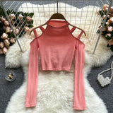 Women Korean Knitted Blouse Design Hollow Off Shoulder Long Sleeve Slim Tops Autumn Fashion Streetwear Short