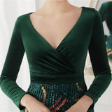 Winter Elegant Velvet With Sequins Deep V Neck Long Sleeve Slit Cocktail Eevening