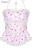 Y2K Kawaii Lace Corset Women Transparent Mesh Patchwork Camisoles Bandage Ruffle Crop Top Party Japanese Tank Top
