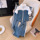 Zippered Cowboy Splicing Two Sets Of Spring And Autumn 2025 New Cowboy Splicing Long Sleeve Tops Wide Leg