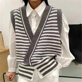 Oversize Stripe Women's Vest Sweaters V-Neck New 2022 Autumn Winter Vintage Loose Chic Cardigan Vest Sweater Tops