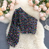 2022 New Product Oblique Collar T-shirt Strapless Unilateral Puff Sleeve Slim Fit Short Sequined Top