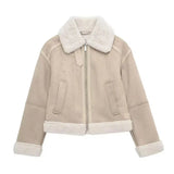 Beige Fur Lining Turn-Down Collar Biker Jacket-Outfit