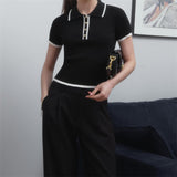 Short-Sleeved Collar Top 2025 Summer New Thread Tightness Temperament Knitted