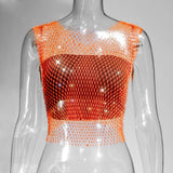 Toloer Nightclub Dresses Fishnet Hollow Out Rhinestone Vest Mesh Flash Diamond Sling Top
