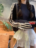 Lace Striped Bow Long Sleeved Top-Outfit