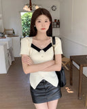 Collar Short-Sleeved T-Shirt Knitted Shirt Women's Summer New Bubble Sleeve French Collared Collarbone Knitted Blouse Korean Temperament