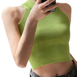 Women Ribbed Halter Tank Crop Tops Summer Spring 2023 Base T-shirt Harajuku Adults Sleeveless Solid Color Round Neck Knit Tops-Outfit