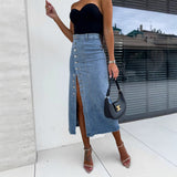 New Button Irregular Opening Skirt Half-Body Denim Skirt High Waist-Cuffed Hip
