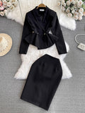 Jacket Dress Waist Lotus Leaf Edge Long High-End Ol Commuter Airfield Autumn Dress Two-Piece Set 8040-Outfit