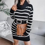Autumn Knitted Striped Turtleneck Women Sweater Dress Black Long Sleeve Basic Dress Women Winter Fashion Casual
