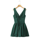 Green Stain Pleated V-neck Mini Dress-Outfit