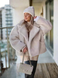 Beige Collar Pocket Faux Fur Coat-Outfit