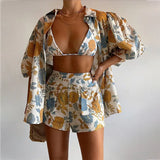 Toloer Spot Spring 2023 New Women's Fashion Printed Shirt Sling Vest Shorts Three-Piece Set-Outfit