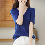 Toloer The Summer Of 2024, Women's Knit Short Sleeve Korean V-Neck Solid Color T-Shirt And A Pit Top-Outfit