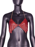 Toloer Women's Nightclub Low Breast Cut Back Flash Diamond Chain Slit Top