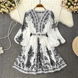 Toloer Spot Spring 2023 New Ladies Fashion V-Neck Long Sleeve Bohemian Print Dress-Outfit