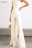Patchwork Jumpsuits For Women Diagonal Collar Off One Shoulder High Waist Tunic Wide Leg Pants Solid Jummpsuit