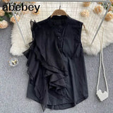 Women's Shirt French Vintage Ruffles Blouse Sexy Elegant Pleated O-neck Summer Female Sleeveless Slim Tops White