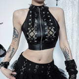 Summer New Sexy Hollowed-Out Navel Blouse Dark Style Personality Beer Buckle Strapped Vest Women's Dress-Outfit