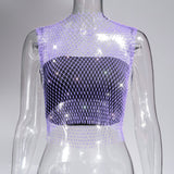 Toloer Nightclub Dresses Fishnet Hollow Out Rhinestone Vest Mesh Flash Diamond Sling Top