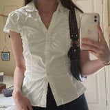 Solid Color Button Down Short Sleeve Blouse-Outfit