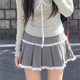 Style Lovely Lace Spliced Pleated Skirt Ins Summer New Thin And High Waist A-Shaped Short Skirt-Outfit