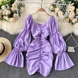 Elegant Solid Dress Women Ruched V Neck Flare Sleeve Slim Dresses Autumn Korean Fashion Streetwear Short