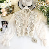 Women Tops Fashion Sexy Sheer Lace Blouse Lantern Sleeve 3D Floral Blouses Shirts Elegant Top Blusas