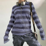 Women Y2K 2000s Retro Knit Basic Tee Shirt Casual Grey Black Striped Long Sleeve Round Neck Tops Club Streetwear-Outfit
