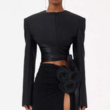 Toloer 2024 New Fashion Pure Color Round Collar Belt Top Design Sense Waist Show Thin Long Sleeve Women's Small Suit-Outfit