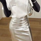 Toloer Women's Spring 2023 New Temperament Fashion High Waist Open Slit Show Thin Hip Skirt PU Leather Long Skirt-Outfit