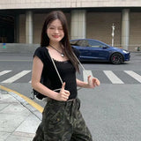 Lace Patchwork Crop T-shirt Women Vintage Streetwear Sexy Slim U Neck Tops Female Harajuku Korean Bow Chic Bottoming Tees-Outfit
