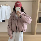 Puff Hooded Down Jacket Women's Short Winter 2024 New Add Thick Color Zipper Sleeve White Duck Velvet Bread Coat-Outfit
