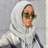 Women Y2K Retro Goth Hooded Scarf Hats Solid Color Knitted Pullover Drawstring Balaclava Winter Warm Hat Beanie Cap-Outfit