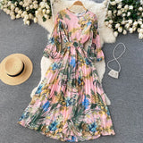 Autumn Bohemian Women Tie Dye Printed Pleated Long Dress Boho O Neck Puff Sleeve High Waist Draped Maxi Vestido