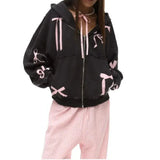 Black Zipper Bow Lace Up Applique Hoddie-Outfit