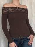 Lace Splice Off Shoulder Long Sleeve Tee-Outfit