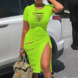 Toloer Sexy Round Collar Short Sleeve Slit Pleated