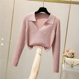 Knitted Sweaters Women Retro Turndown-Collar Long Sleeve Slim Basic Tops Winter Casual Bodycon Short